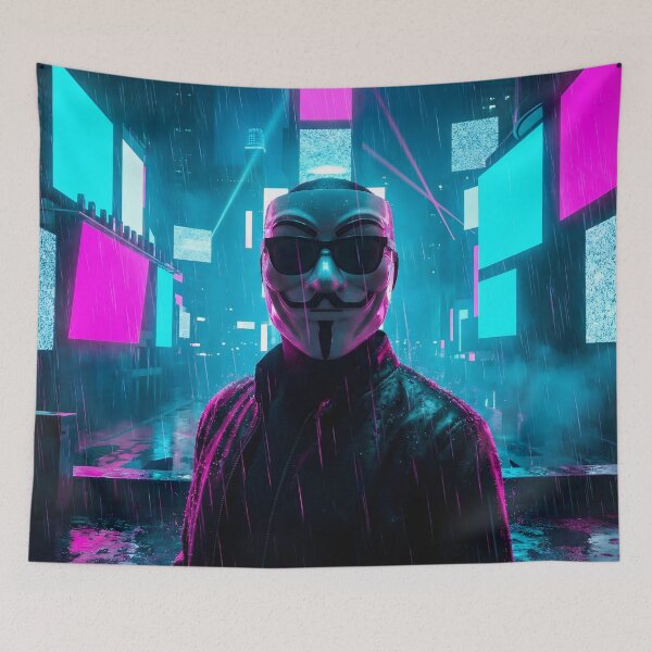 Item preview, Neon Cyberpunk Anonymous Mask Glitch Rain 2026 designed and sold by MarCinu Art.