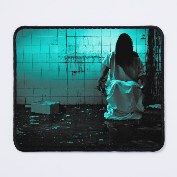 Item preview, A haunting cinematic scene of a mysterious woman in white, seated in a decayed tiled room bathed in cold blue light. designed and sold by grande76.