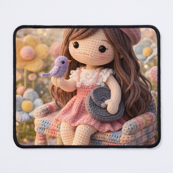 Item preview, Cute Amigurumi Doll Sitting on Crochet Chair with Bird in a Fairy Garden designed and sold by Dreamy Armine Art.