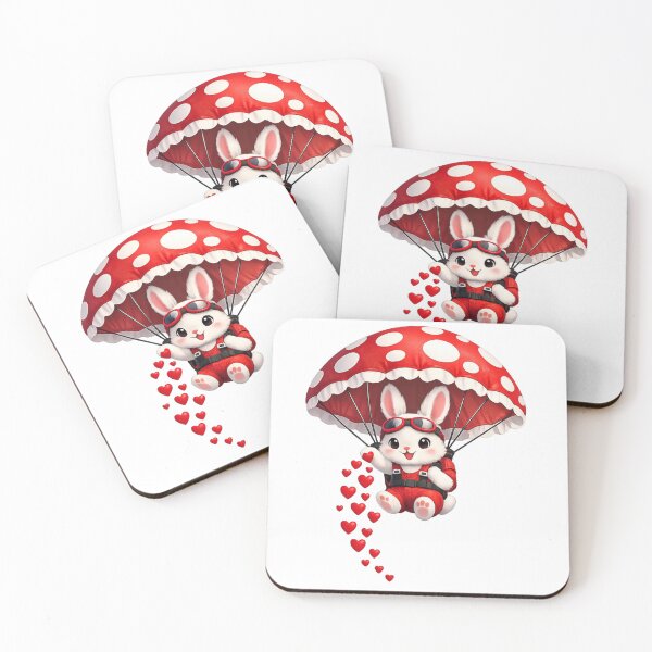 Item preview, Cute Bunny Parachuting with Red Mushroom Parachute – Spreading Love Hearts | Valentine Illustration designed and sold by MKVisions.