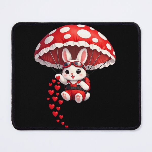 Item preview, Cute Bunny Parachuting with Red Mushroom Parachute – Spreading Love Hearts | Valentine Illustration designed and sold by MKVisions.