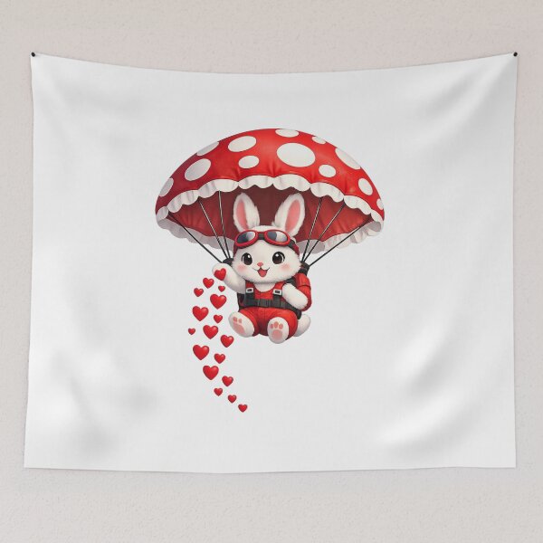 Item preview, Cute Bunny Parachuting with Red Mushroom Parachute – Spreading Love Hearts | Valentine Illustration designed and sold by MKVisions.