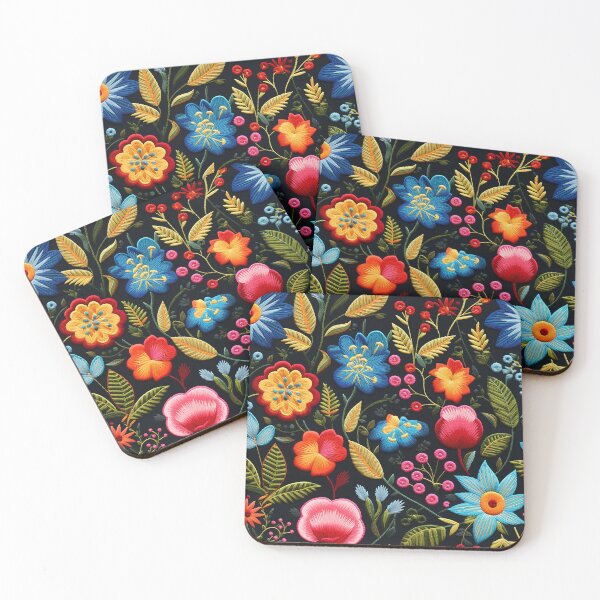 Item preview, Embroidery pattern inspired by traditional Mexican textiles: Colorful flowers embroidered ornament designed and sold by BrainCurves.