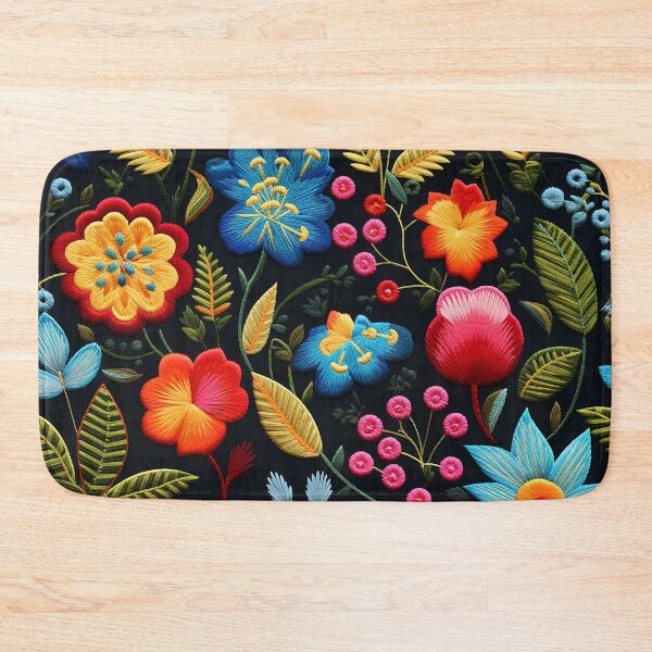 Item preview, Embroidery pattern inspired by traditional Mexican textiles: Colorful flowers embroidered ornament designed and sold by BrainCurves.