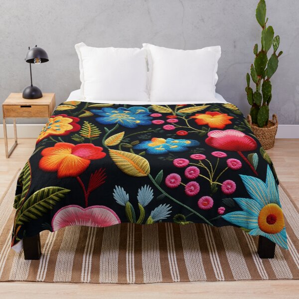 Item preview, Embroidery pattern inspired by traditional Mexican textiles: Colorful flowers embroidered ornament designed and sold by BrainCurves.
