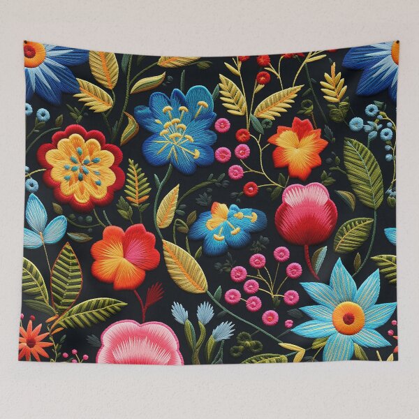 Item preview, Embroidery pattern inspired by traditional Mexican textiles: Colorful flowers embroidered ornament designed and sold by BrainCurves.