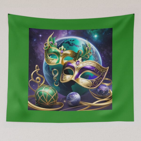 Aperçu de l'œuvre Globe terrestre orné de masques colorés de Mardi Gras et de métal doré torsadé créée et vendue par Melantari Vizuns.