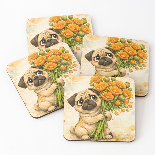 Item preview, Cute Pug with California Poppy – Whimsical Floral Dog Art designed and sold by Darlin8888.