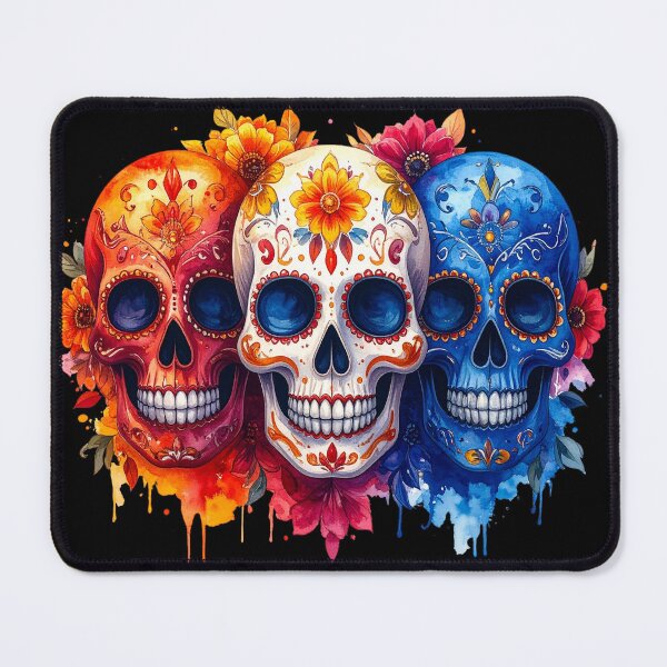 Item preview, Three sugar skulls with flowers, white, orange, blue, Día de los Muertos designed and sold by LiskoDesign.