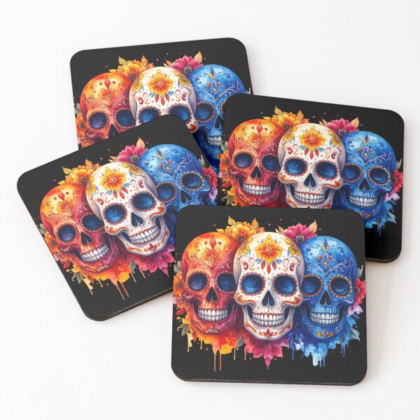 Item preview, Three sugar skulls with flowers, white, orange, blue, Día de los Muertos designed and sold by LiskoDesign.