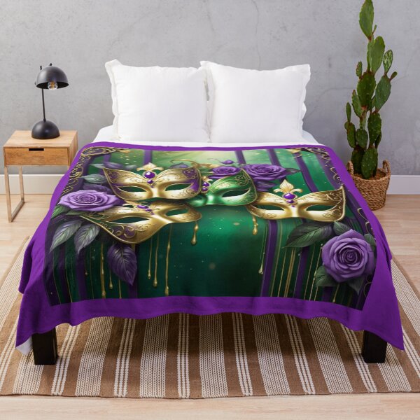 Item preview, Mardi Gras Masks In Gold And Green In Front Of Purple Metal Bars designed and sold by Melantari Vizuns.