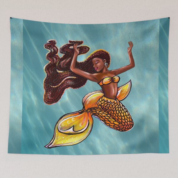 Item preview, Mermaid underwater ocean aesthetic - orange tail and Afro hair relaxing designed and sold by Artonmytee.