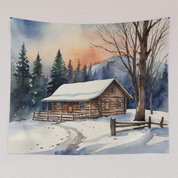 Item preview, Winter Cabin in Snow Watercolor Landscape Wall Art designed and sold by sana designer.