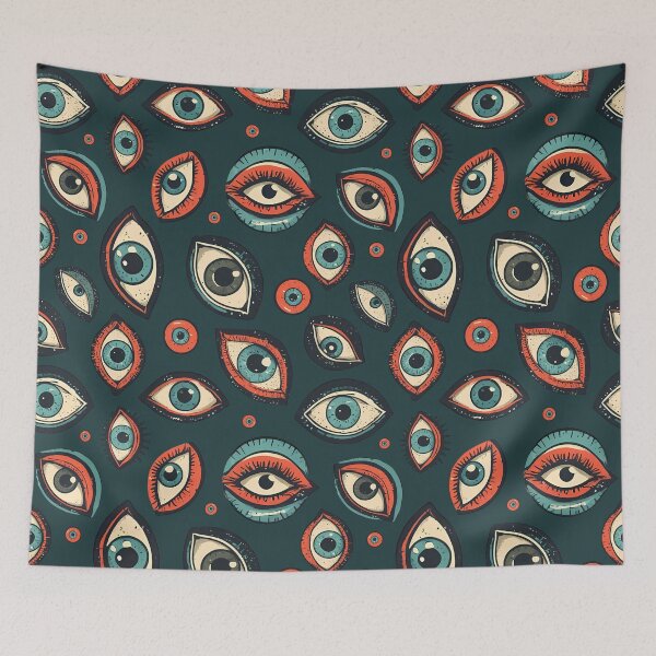 Item preview, All Seeing Eyes Pattern - Retro Surreal Illustration (Teal Background) designed and sold by JawKneeArt.