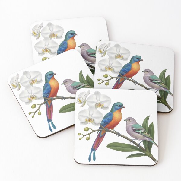 Item preview, Colorful Tropical Birds Perched on White Phalaenopsis Orchids designed and sold by VibranPalette.