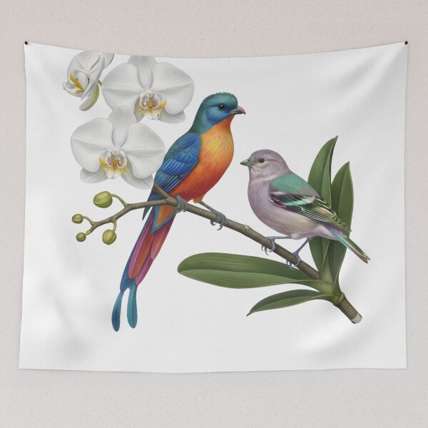 Item preview, Colorful Tropical Birds Perched on White Phalaenopsis Orchids designed and sold by VibranPalette.