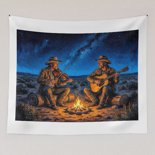 Item preview, Cowboys Playing Music by the Campfire at Night designed and sold by acceleratorhams.