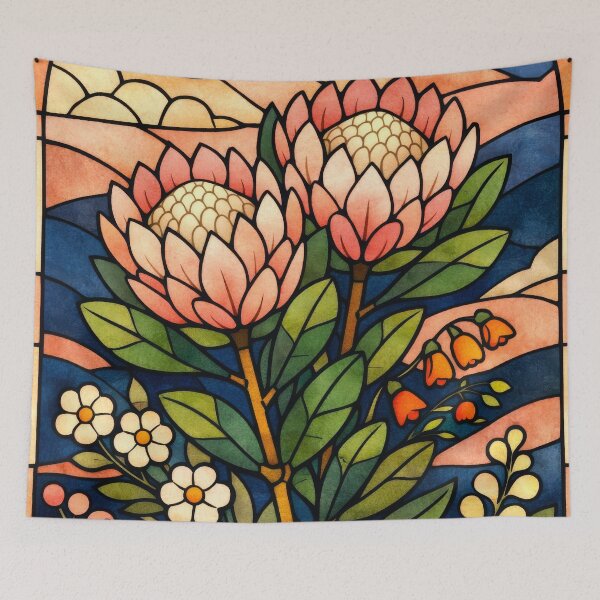 Aperçu de l'œuvre Protea Fleur Soleil et Lune rose et bleu marine créée et vendue par scicilysimonee.