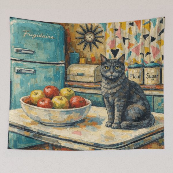 Item preview, Gray Cat In Retro Kitchen designed and sold by VFWChuck.