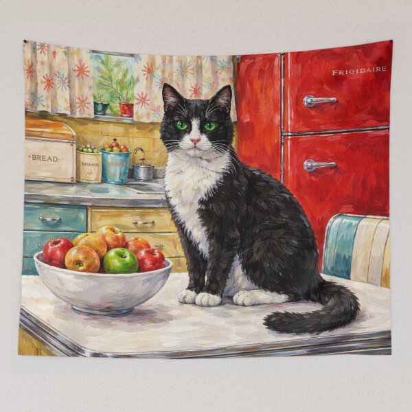 Item preview, Black And White Cat In Mid Century Kitchen designed and sold by VFWChuck.