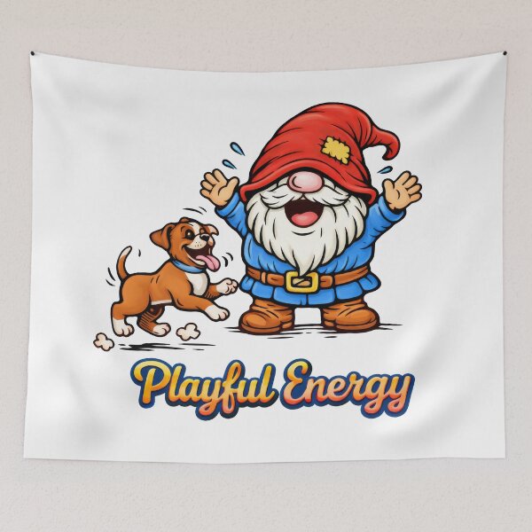 Item preview, Playful Energy – Laughing Gnome with Boxer Puppy Illustration designed and sold by Moriarty's Digital Visions.