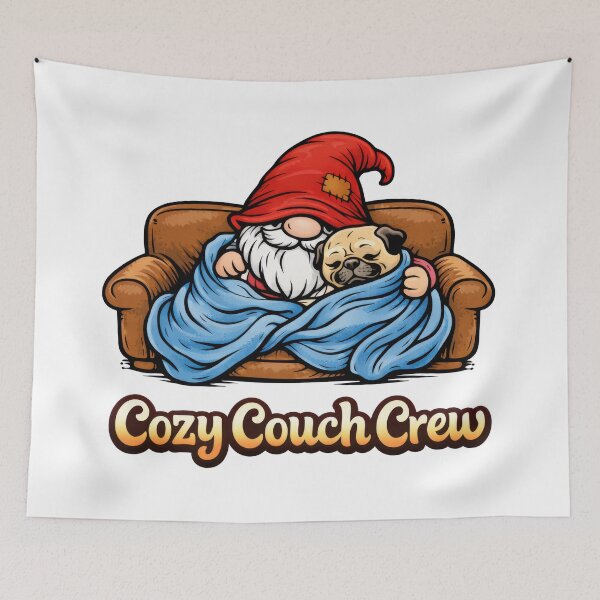 Item preview, Cozy Couch Crew – Gnome and Pug Snuggle Illustration designed and sold by Moriarty's Digital Visions.