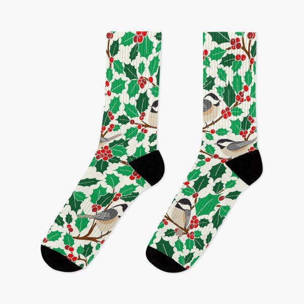 Item preview, Christmas chickadee birds among the holly branches designed and sold by Jennifer Ladd.