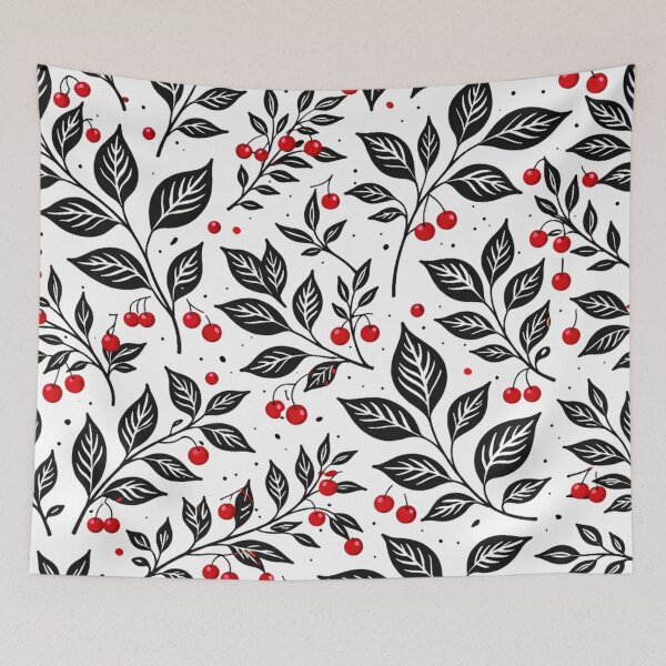 Item preview, Elegant Black Leaf & Red Cherry Botanical Seamless Pattern designed and sold by optimusprime39.