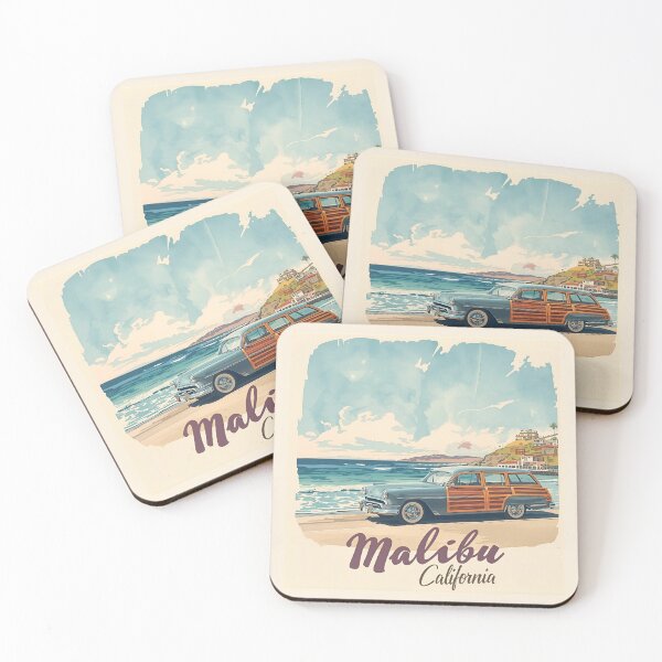 Item preview, Malibu California Vintage Travel Poster – Retro Coastal Wall Art with Classic Woody Car, Pacific Coast Highway & Ocean View for Beach Lovers, Surfers & Road Trip Dreamers designed and sold by Eclipse 3699.