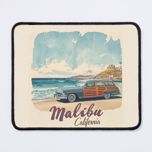 Item preview, Malibu California Vintage Travel Poster – Retro Coastal Wall Art with Classic Woody Car, Pacific Coast Highway & Ocean View for Beach Lovers, Surfers & Road Trip Dreamers designed and sold by Eclipse 3699.