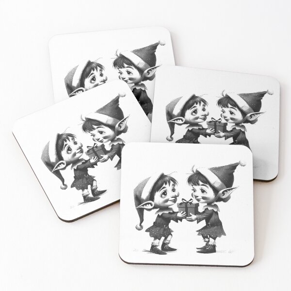 Item preview, Cute Christmas Elves Exchanging Gift – Wholesome Holiday Illustration designed and sold by inkoutninja.
