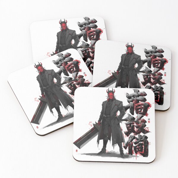Item preview, Red Demon Warrior in Black Coat – Dark Fantasy Oni Samurai Art designed and sold by WeirdSketcher.