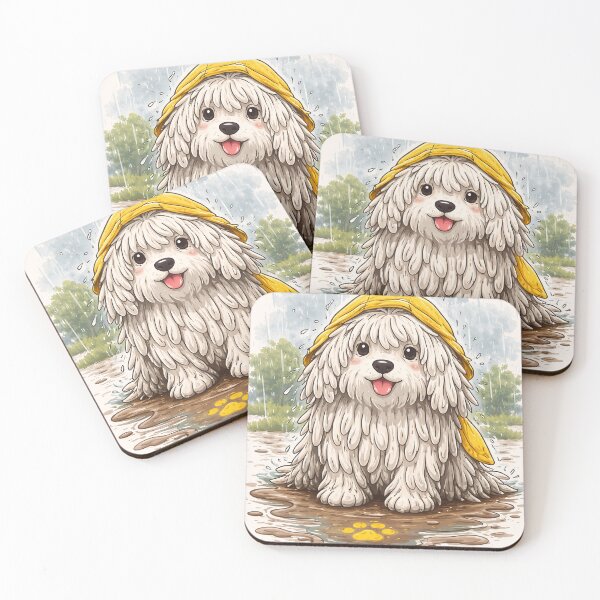 Item preview, Adorable White Puli Dog in Yellow Raincoat - Cute Rainy Day Illustration designed and sold by QuietWallStudio.