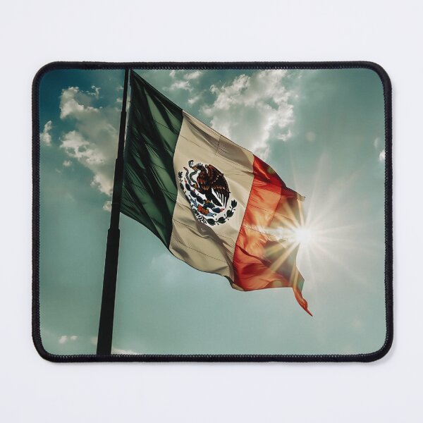 Item preview, Mexican flag waving under a dramatic sky with a solar flare on the horizon designed and sold by Rod_Studio_Shop.