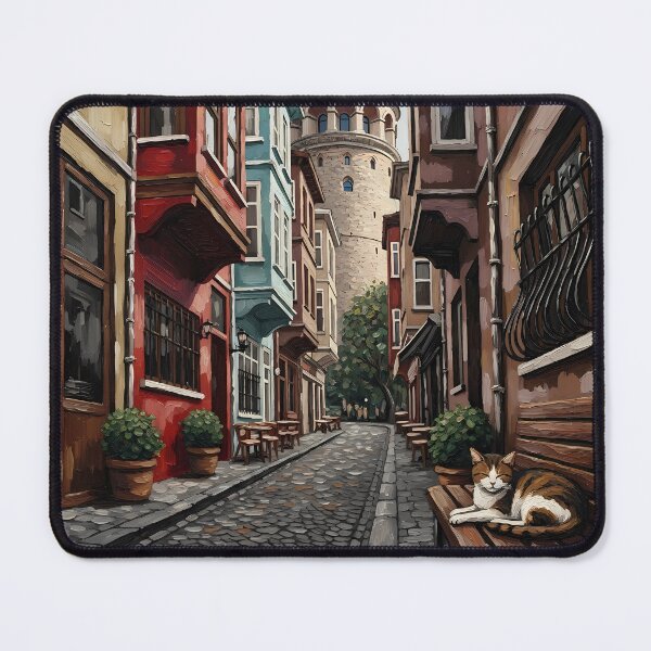 Item preview, Istanbul Galata Tower Street & Sleeping Cat - Oil Painting Art designed and sold by Ascend777.