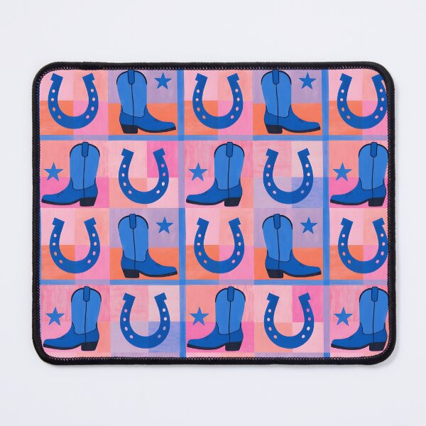 Item preview, Vibrant Western pattern with blue cowboy boots and horseshoes on a pink and orange checkered designed and sold by FRH Design ⭐⭐⭐⭐⭐.