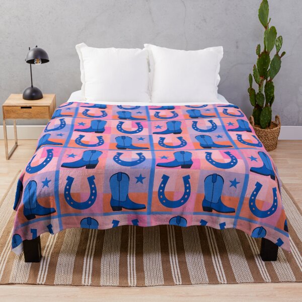 Item preview, Vibrant Western pattern with blue cowboy boots and horseshoes on a pink and orange checkered designed and sold by FRH Design ⭐⭐⭐⭐⭐.