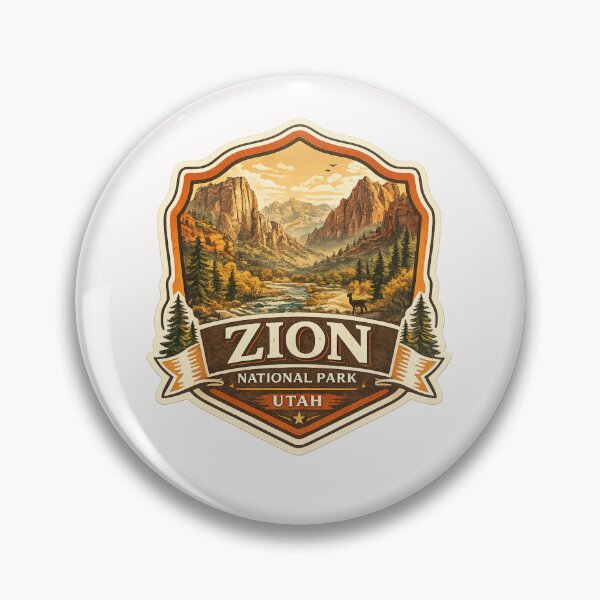 Item preview, Zion National Park Utah Badge – Scenic Red Rock Canyon View with Virgin River and Deer designed and sold by Places On Earth.