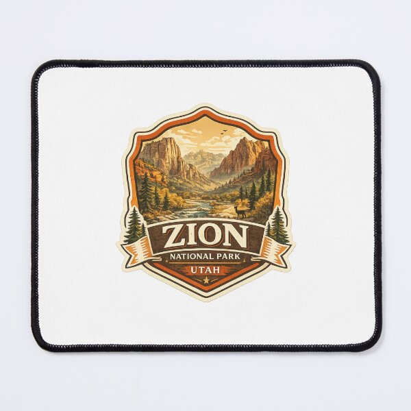 Item preview, Zion National Park Utah Badge – Scenic Red Rock Canyon View with Virgin River and Deer designed and sold by Places On Earth.