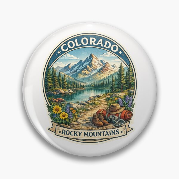Item preview, Colorado Rocky Mountains Trail Badge – Alpine Lake with Wildflowers and Hiking Gear designed and sold by Places On Earth.