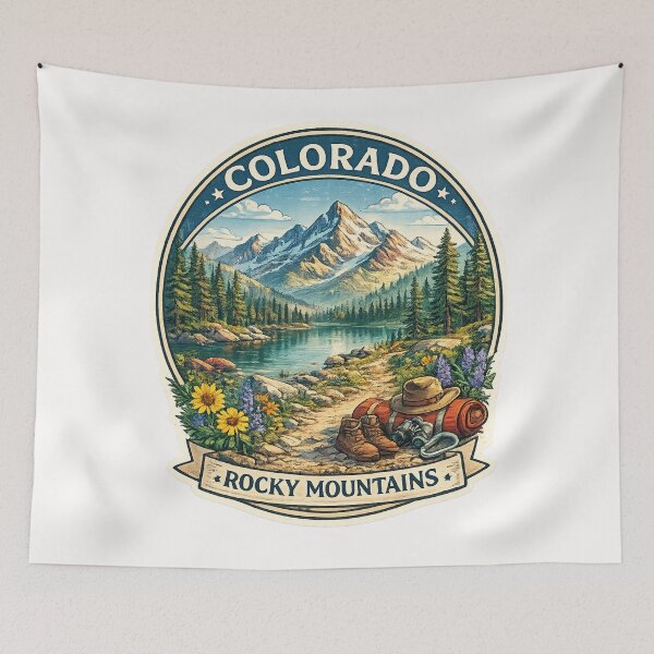 Item preview, Colorado Rocky Mountains Trail Badge – Alpine Lake with Wildflowers and Hiking Gear designed and sold by Places On Earth.