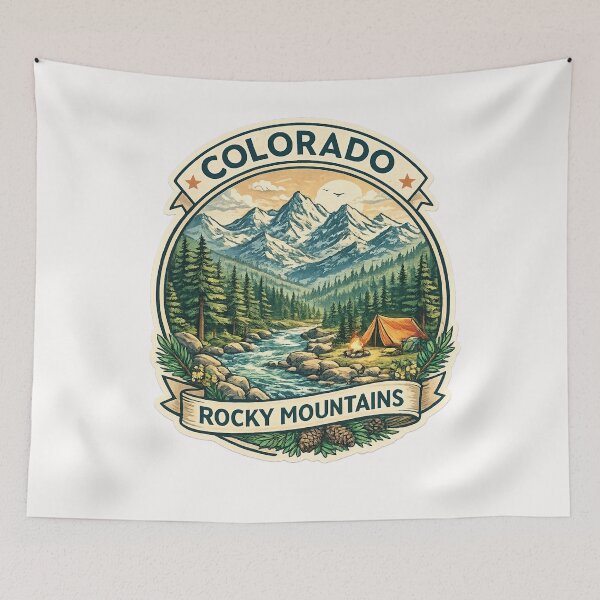 Item preview, Colorado Rocky Mountains Camping Scene – River, Pines, and Tent at Sunset designed and sold by Places On Earth.