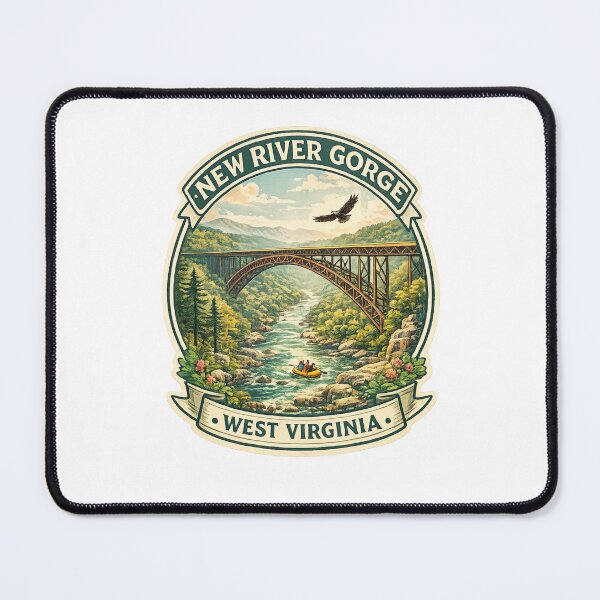 Item preview, New River Gorge West Virginia Badge – Rafting Scene Under Iconic Steel Arch Bridge designed and sold by Places On Earth.