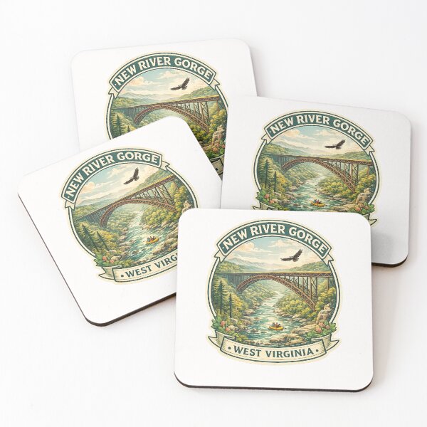 Item preview, New River Gorge West Virginia Badge – Rafting Scene Under Iconic Steel Arch Bridge designed and sold by Places On Earth.