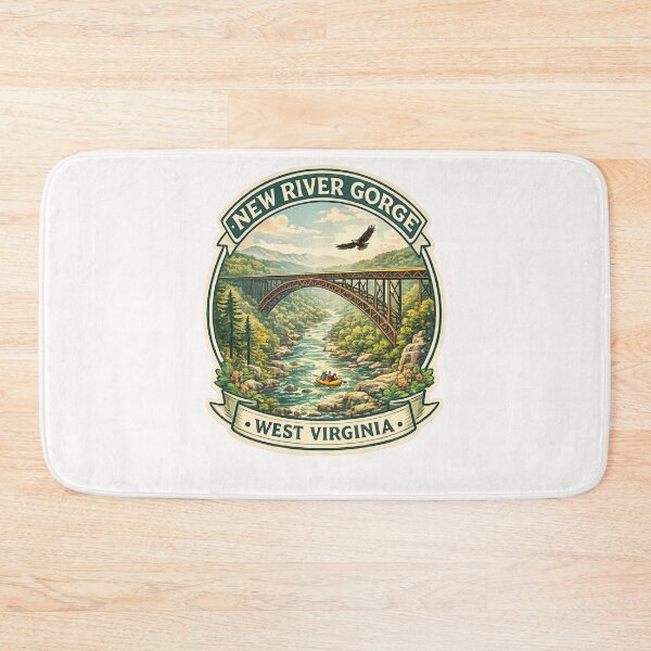 Item preview, New River Gorge West Virginia Badge – Rafting Scene Under Iconic Steel Arch Bridge designed and sold by Places On Earth.