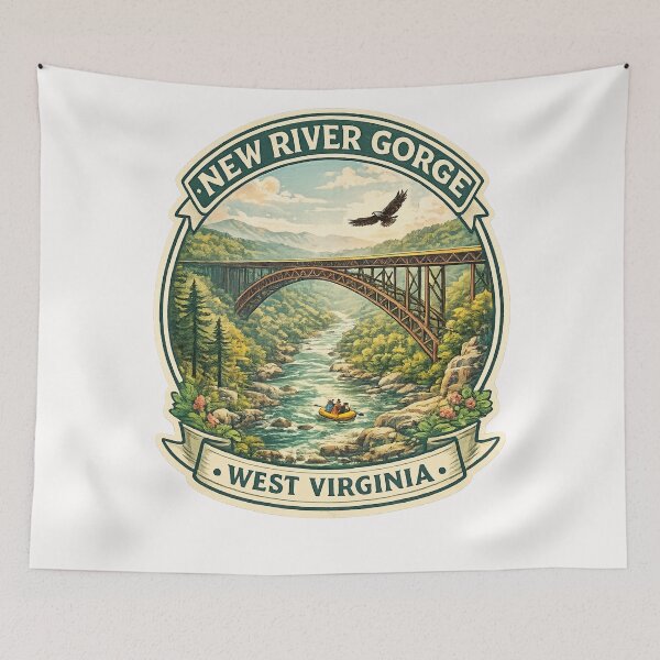 Item preview, New River Gorge West Virginia Badge – Rafting Scene Under Iconic Steel Arch Bridge designed and sold by Places On Earth.