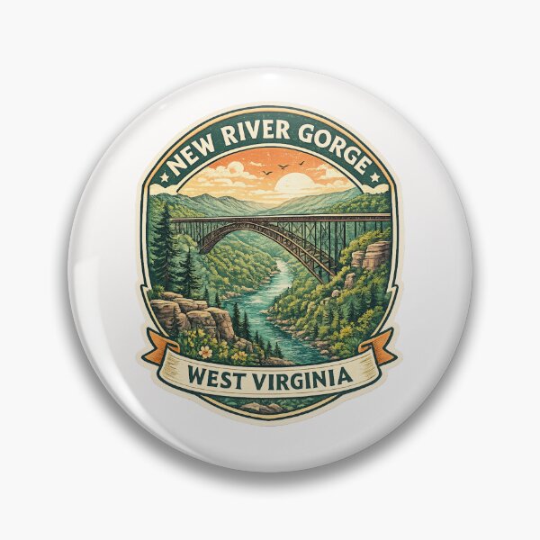 Item preview, New River Gorge Sunset Badge – Iconic Arch Bridge Over Mountain River in West Virginia designed and sold by Places On Earth.