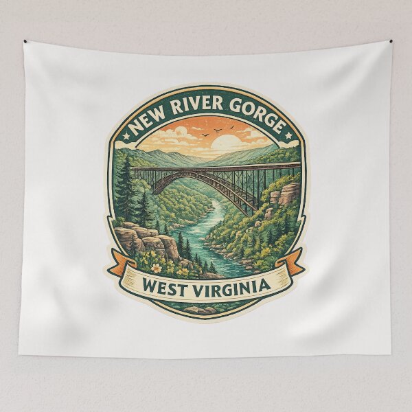 Item preview, New River Gorge Sunset Badge – Iconic Arch Bridge Over Mountain River in West Virginia designed and sold by Places On Earth.