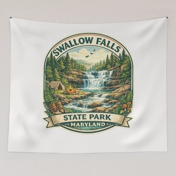 Item preview, Swallow Falls State Park Maryland Camp Scene – Forest Waterfall with Tent and Campfire designed and sold by Places On Earth.