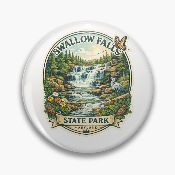 Artikelvorschau, Swallow Falls State Park, Maryland: Tierwelt – Wasserfälle, Kiefern und ein Graureiher entworfen und verkauft von Places On Earth.